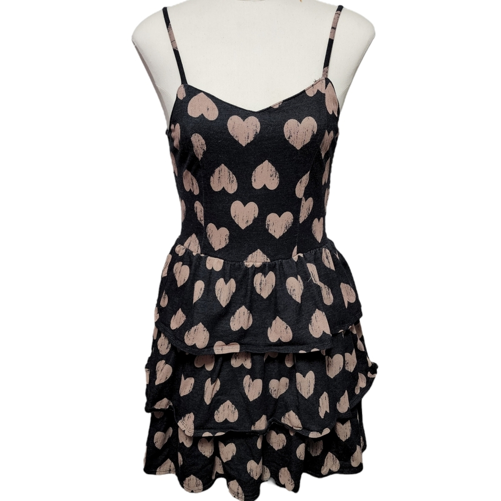 Charlotte Russe black heart print tiered mini dress size medium